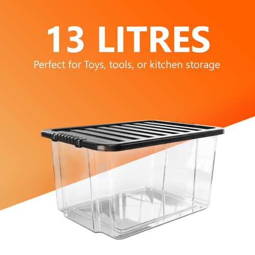13L Plastic Storage Box with Black Lid