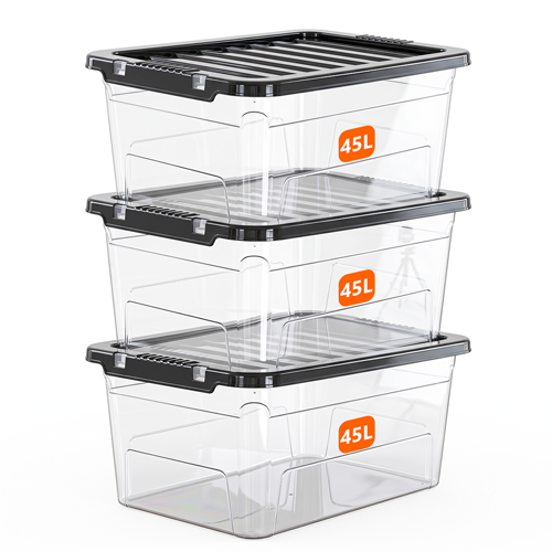 45L Clear Plastic Storage Box with Black Lid