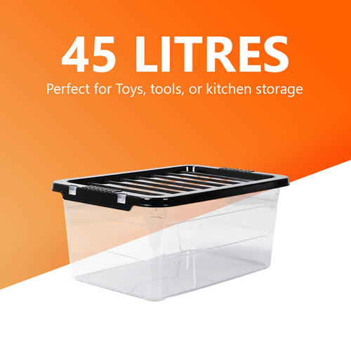 45L Clear Plastic Storage Box with Black Lid