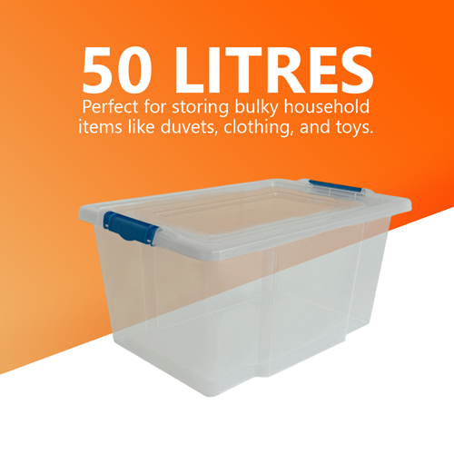 50L Plastic Storage Box with Blue Clippy Lid