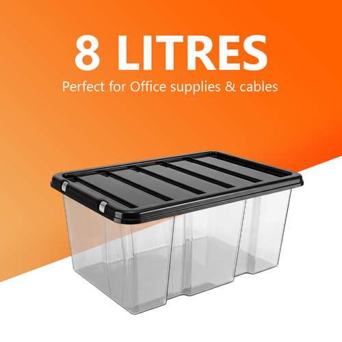 8L Plastic Storage Box with Black Lid
