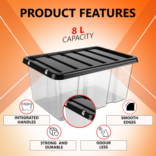 8L Plastic Storage Box with Black Lid